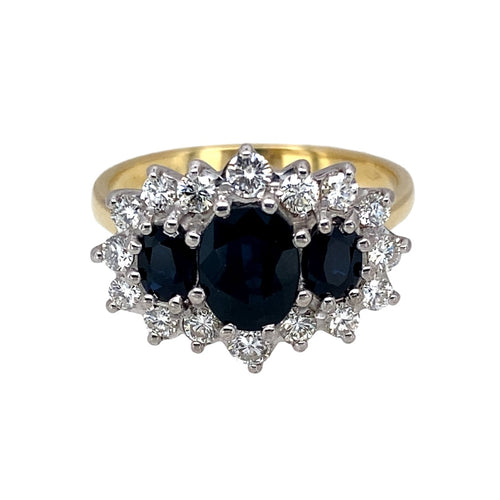 18ct Gold Diamond & Sapphire Set Trilogy Cluster Ring