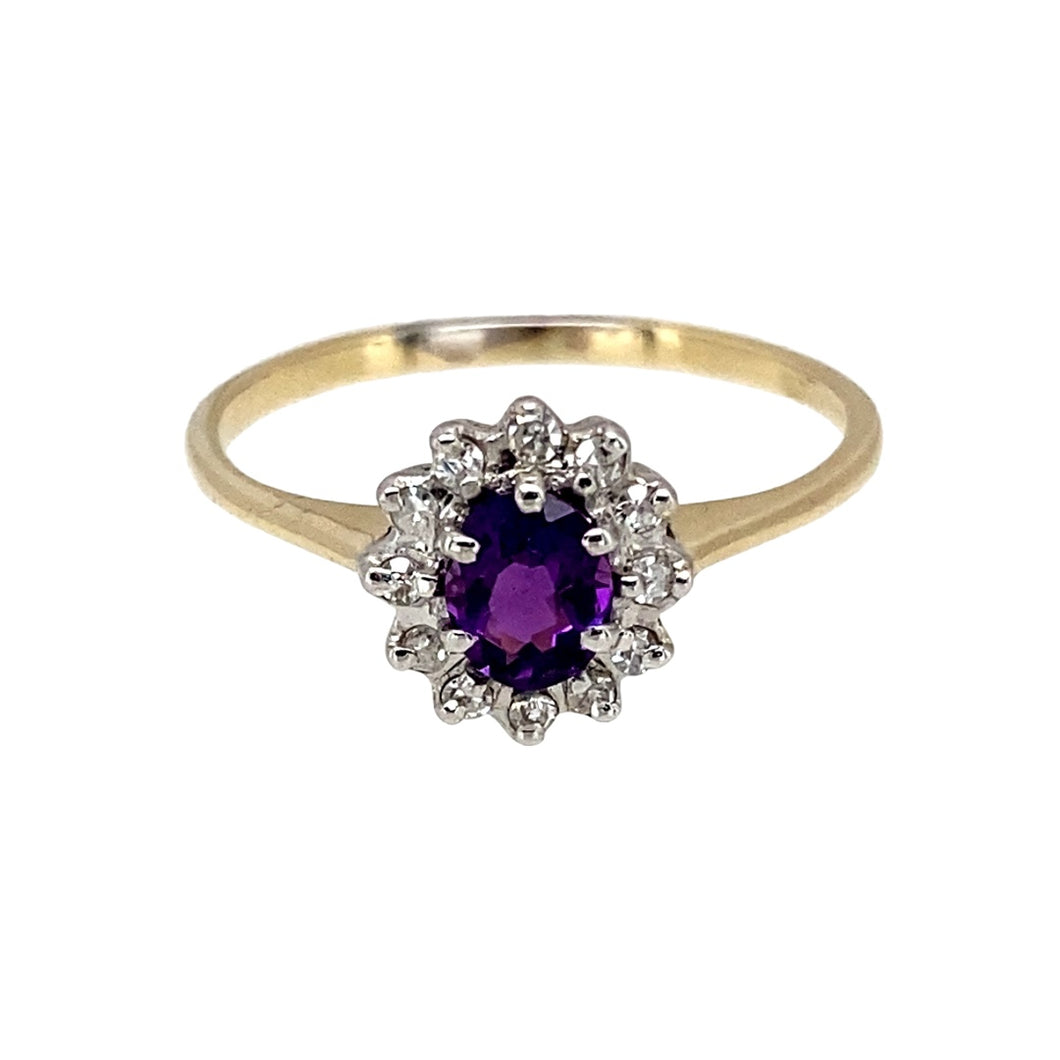 9ct Gold Diamond & Amethyst Set Cluster Ring