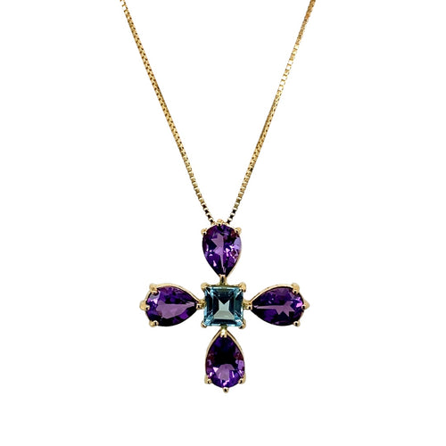 9ct Gold Amethyst & Blue Topaz Set Flower 16