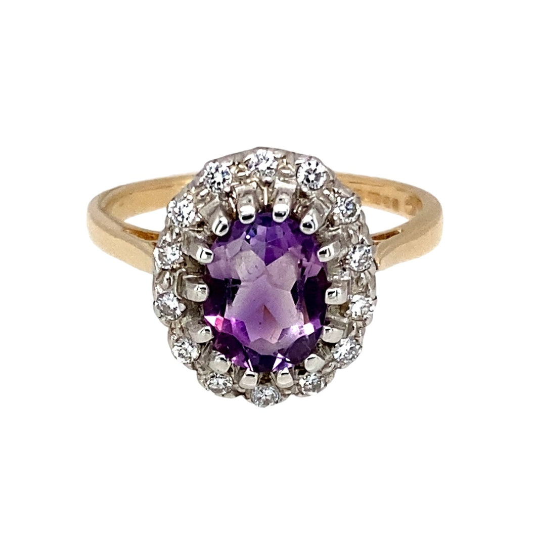 9ct Gold Diamond & Amethyst Set Cluster Ring