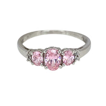 Load image into Gallery viewer, 9ct White Gold Pink Stone &amp; Cubic Zirconia Set Trilogy Ring
