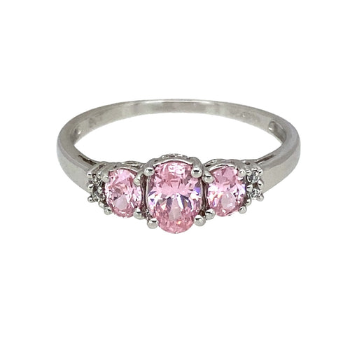 9ct White Gold Pink Stone & Cubic Zirconia Set Trilogy Ring