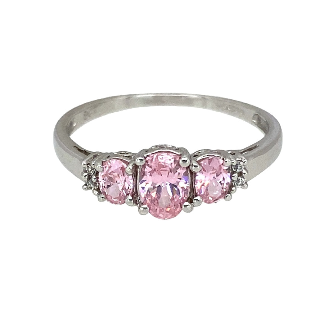 9ct White Gold Pink Stone & Cubic Zirconia Set Trilogy Ring