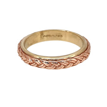 Load image into Gallery viewer, Preowned 9ct Yellow and Rose Gold Clogau Plaited Band Ring in size M with the weight 4.40 grams. The band is is 4mm wide
