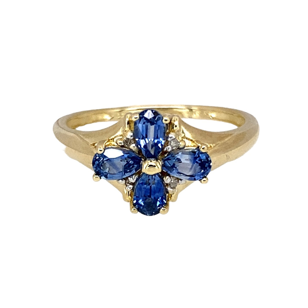 9ct Gold Diamond & Cornflower Blue Stone Set Flower Ring