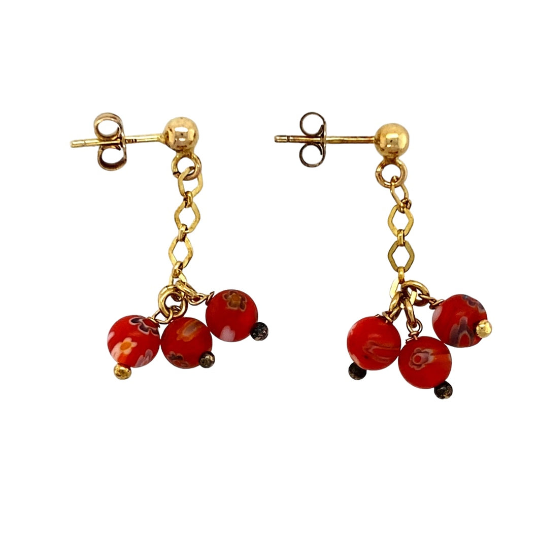 9ct Gold & Red Floral Stone Drop Earrings