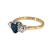 Load image into Gallery viewer, Preowned 18ct Yellow and White Gold Diamond &amp; Sapphire Set Trilogy Ring in size J with the weight 3 grams. The sapphire stone is 6mm by 5mm and there is approximately 22pt of diamond content in total
