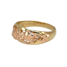 Load image into Gallery viewer, Preowned 9ct Yellow and Rose Welsh Gold Tree of Life Ring in size O with the weight 2.70 grams. The front of the ring is 8mm wide
