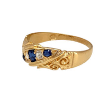 Load image into Gallery viewer, Preowned 18ct Yellow Gold Diamond &amp; Sapphire Set Antique Style Ring in size M with the weight 2.60 grams. The front of the ring is 7mm high and the center sapphire stone is approximately 3mm diameter
