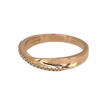 Load image into Gallery viewer, Preowned 18ct Rose Gold &amp; Diamond Set Clogau Crossover Band Ring in size S with the weight 4.70 grams. The front of the band is between 4mm and 2mm wide
