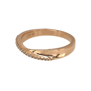 Preowned 18ct Rose Gold & Diamond Set Clogau Crossover Band Ring in size S with the weight 4.70 grams. The front of the band is between 4mm and 2mm wide