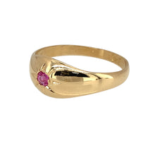 Load image into Gallery viewer, Preowned 18ct Yellow Gold &amp; Ruby Set Vintage Style Ring in size Q with the weight 4 grams. The ruby stone is 3mm diameter
