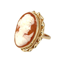 Load image into Gallery viewer, Preowned 9ct Yellow Gold &amp; Cameo Set Large Dress Ring in size O with the weight 9.50 grams. The cameo stone is 25mm by 19mm
