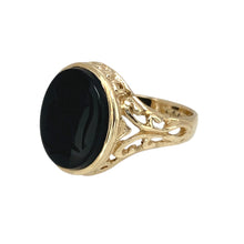 Load image into Gallery viewer, Preowned 9ct Yellow Gold &amp; Onyx Centurion Oval Signet Ring in size I with the weight 2.70 grams. The onyx stone 12mm by 10mm
