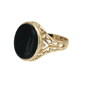 Preowned 9ct Yellow Gold & Onyx Centurion Oval Signet Ring in size I with the weight 2.70 grams. The onyx stone 12mm by 10mm