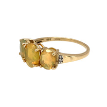 Load image into Gallery viewer, Preowned 9ct Yellow Gold Diamond &amp; Yellow Stone Trilogy Ring in size P to Q with the weight 2.50 grams. The center yellow stone is 8mm by 6mm
