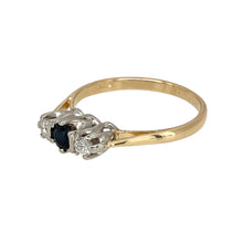 Load image into Gallery viewer, Preowned 9ct Yellow and White Gold Diamond &amp; Sapphire Set Trilogy Ring in size L with the weight 1.70 grams. The sapphire stone is approximately 4mm diameter
