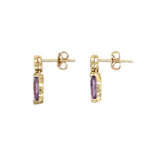 Load image into Gallery viewer, Preowned 9ct Yellow and White Gold Diamond &amp; Amethyst Set Drop Stud Earrings with the weight 1.30 grams. The amethyst stones are each 8mm by 4mm
