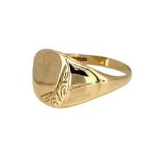 Load image into Gallery viewer, Preowned 9ct Yellow Gold Patterned Signet Ring in size R with the weight 3.30 grams. The front of the ring is 11mm high
