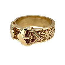 Load image into Gallery viewer, Preowned 9ct Yellow Solid Gold Patterned Double Buckle Ring in size Z+1 with the weight 16.90 grams. The buckle is 11mm high and the rest of the band is 9mm wide
