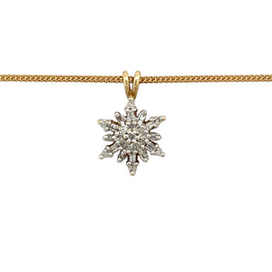 Preowned 9ct Yellow and White Gold & Diamond Set Star/Snowflake Cluster Pendant on an 18" curb chain with the weight 4.10 grams. The pendant is 1.9cm long including the bail