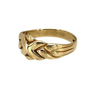 Preowned 9ct Yellow Gold Puzzle Ring in size M with the weight 2.10 grams. The front of the ring is 8mm high