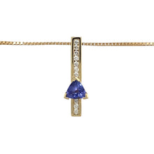 Load image into Gallery viewer, Preowned 18ct Yellow Gold Diamond &amp; Tanzanite Set Pendant on a 17&quot; box chain with the weight 4.80 grams. The pendant is 2.5cm long and the tanzanite stone is 6mm by 6mm by 6mm
