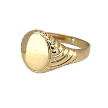 Load image into Gallery viewer, Preowned 9ct Yellow Gold Patterned Oval Signet Ring in size S with the weight 4.50 grams. The front of the ring is 13mm high
