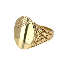 Load image into Gallery viewer, Preowned 9ct Yellow Gold Patterned Oval Signet Ring in size R with the weight 5.60 grams. The front of the ring is 17mm high
