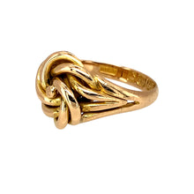 Load image into Gallery viewer, Preowned 18ct Yellow Gold Knot Ring in size K with the weight 4.70 grams. The front of the ring is 12mm high
