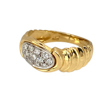 Load image into Gallery viewer, Preowned 18ct Yellow and White Gold &amp; Diamond Pave Set Oval Signet Scalloped Ring in size N with the weight 4.20 grams. The front of the ring is 9mm high
