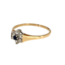 Load image into Gallery viewer, Preowned 9ct Yellow and White Gold Diamond &amp; Sapphire Set Flower Ring in size N to O with the weight 1.10 grams. The front of the ring is 7mm high and the sapphire stone is 2mm diameter
