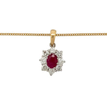 Load image into Gallery viewer, Preowned 18ct Yellow and White Gold Diamond &amp; Ruby Set Cluster Pendant on a 20&quot; curb chain with the weight 5.10 grams. The pendant is 2.2cm long including the bail and there is approximately 88pt of diamond content set in total. The ruby is oval cut and is 7mm by 5mm
