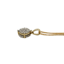 Load image into Gallery viewer, Preowned 9ct Yellow and White Gold &amp; Diamond Set Cluster Pendant on an 18&quot; curb chain with the weight 2.60 grams. The pendant is 1.5cm long including the bail
