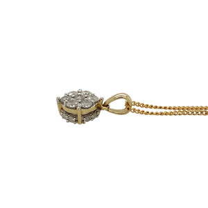 Preowned 9ct Yellow and White Gold & Diamond Set Cluster Pendant on an 18" curb chain with the weight 2.60 grams. The pendant is 1.5cm long including the bail