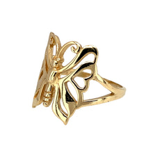 Load image into Gallery viewer, New 9ct Yellow Gold Butterfly Ring in size P with the weight 3.50 grams. The front of the ring is 18mm high
