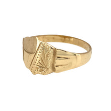 Load image into Gallery viewer, New 9ct Yellow Gold Patterned Shield Signet Ring in size S to T with the weight 2.60 grams. The front of the ring is 12mm high
