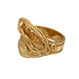 New 9ct Yellow Gold Saddle Ring in size L with the weight 7.70 grams. The front of the ring is 19mm high