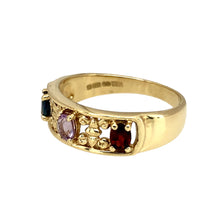 Load image into Gallery viewer, Preowned 9ct Yellow Gold Garnet Amethyst &amp; Sapphire Set Band Ring in size P with the weight 3.40 grams. The gemstones are each 4mm by 3mm
