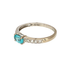 Load image into Gallery viewer, Preowned 9ct White Gold Diamond &amp; Blue Topaz Set Band Ring in size N with the weight 1.40 grams. The blue topaz stone is 6mm by 4mm
