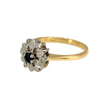 Load image into Gallery viewer, Preowned 18ct Yellow and White Gold Diamond &amp; Sapphire Set Flower Ring in size K with the weight 3.20 grams. The front of the ring is 10mm high and the sapphire stone is 3mm diameter
