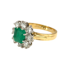 Load image into Gallery viewer, Preowned 18ct Yellow and White Gold Diamond &amp; Emerald Set Cluster Ring in size I with the weight 4.50 grams. The emerald stone is 6.5mm by 6mm
