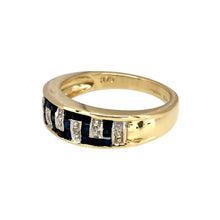 Load image into Gallery viewer, Preowned 9ct Yellow and White Gold Diamond &amp; Sapphire Set Greek Key Band Ring in size M with the weight 3.40 grams. The front of the ring is 5mm wide
