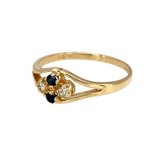 Load image into Gallery viewer, Preowned 9ct Yellow Gold Diamond &amp; Sapphire Split Band Setting Ring in size M with the weight 1.30 grams. The front of the ring is 7mm high and the sapphire stones are each 2mm diameter
