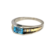 Load image into Gallery viewer, Preowned 9ct White and Yellow Gold Diamond &amp; Blue Topaz Set Ring in size N with the weight 2.90 grams. The blue topaz stone is 6mm by 4mm
