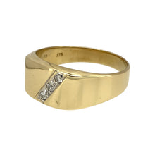 Load image into Gallery viewer, Preowned 9ct Yellow and White Gold &amp; Diamond Set Signet Ring in size Y with the weight 3.80 grams. The front of the ring is 9mm high and there is approximately 10pt of diamond content set in total
