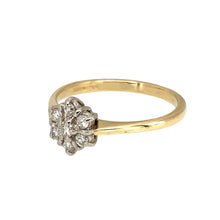 Load image into Gallery viewer, Preowned 9ct Yellow and White Gold &amp; Diamond Set Flower Cluster Ring in size O with the weight 1.90 grams. The front of the ring is 8mm high and there is approximately 15pt of diamond content in total
