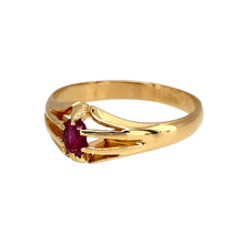 Load image into Gallery viewer, Preowned 18ct Yellow Gold &amp; Ruby Set Chester Hallmarked Ring in size T with the weight 4.20 grams. The ruby stone is 5mm by 3mm
