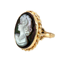 Load image into Gallery viewer, Preowned 9ct Yellow Gold &amp; Grey Cameo Set Ring in size M with the weight 6.30 grams. The grey abalone shell style and white cameo stone is 20mm by 15mm
