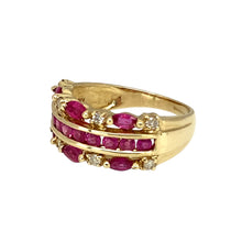 Load image into Gallery viewer, Preowned 9ct Yellow Gold Diamond &amp; Pink Stone Set Band Ring in size L with the weight 3.40 grams. The front of the ring is 9mm wide
